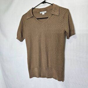 Pendleton Petite M Brown Textured Knit‎ V-Neck Short Sleeve  Pullover Sweater